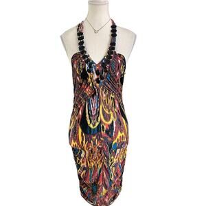 Baby Phat Vintage Beaded Multi color Halter Nevk Backless Dress Women’s Size M